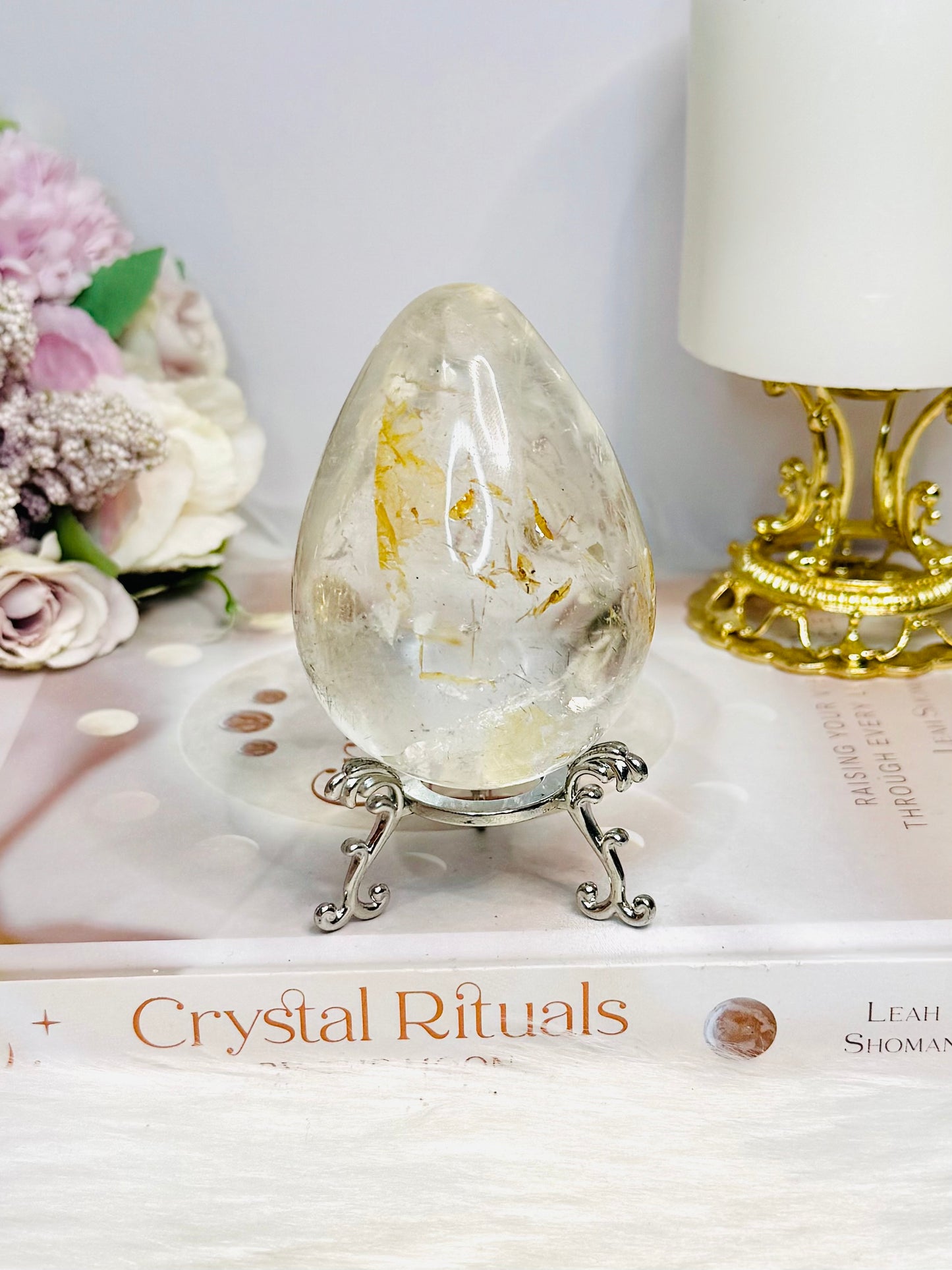 Large Clear Quartz With Golden Healer Inclusions Egg On Stand 7cm 318g
