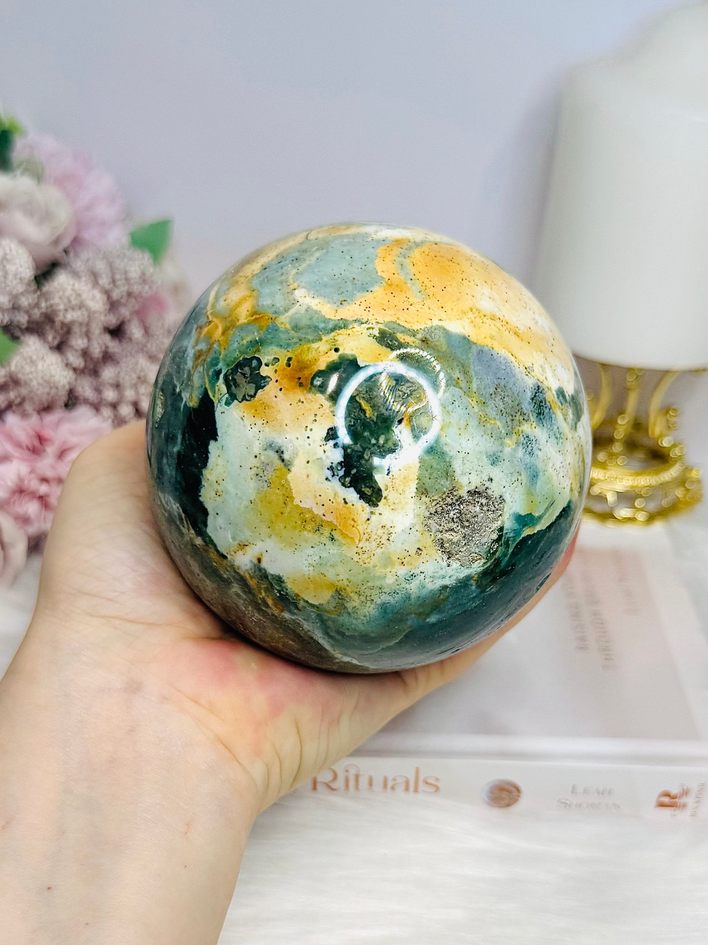 Large Ocean Jasper Sphere On Stand 1.19KG