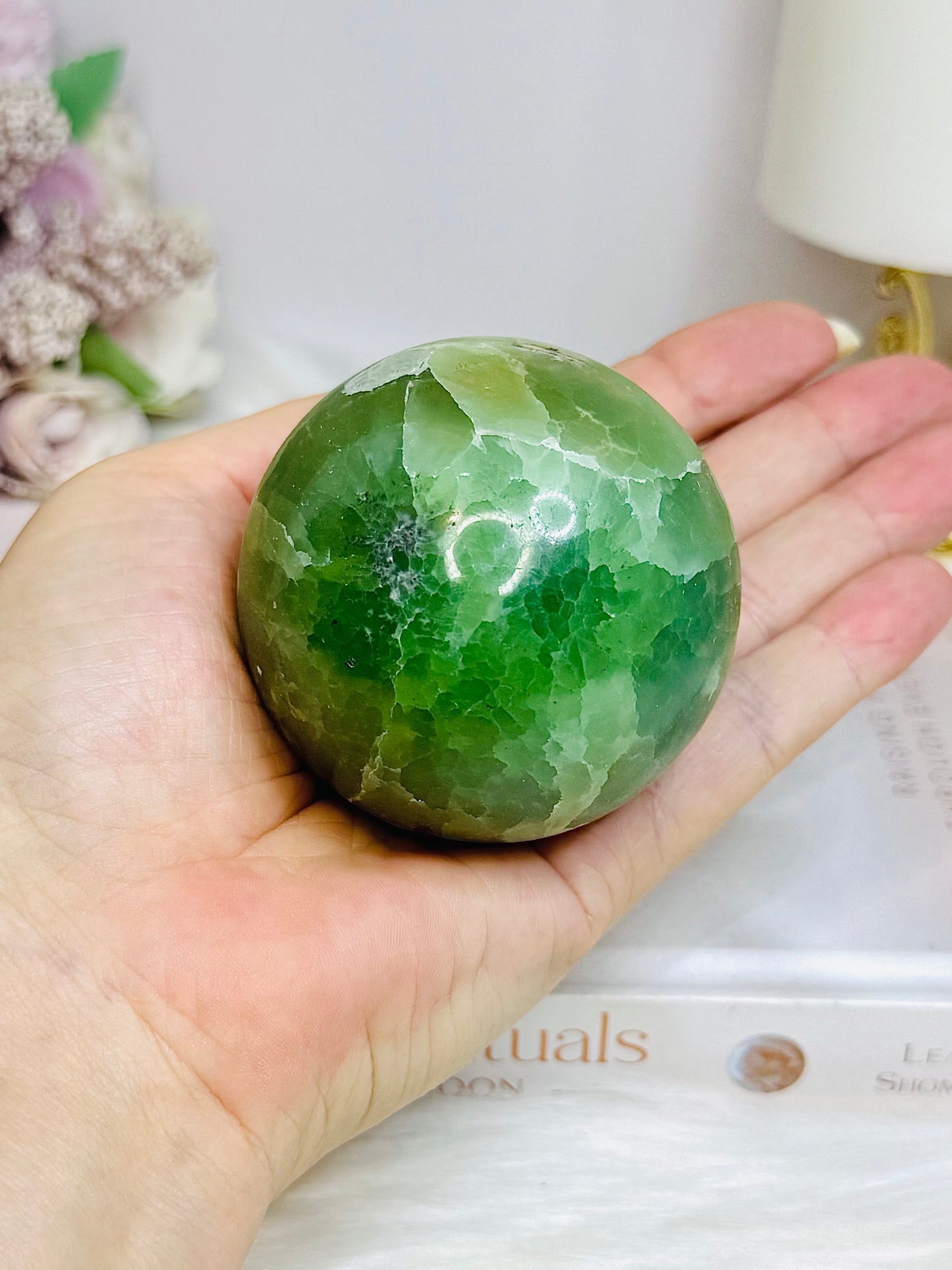 Green Calcite Druzy Sphere on Stand 351g