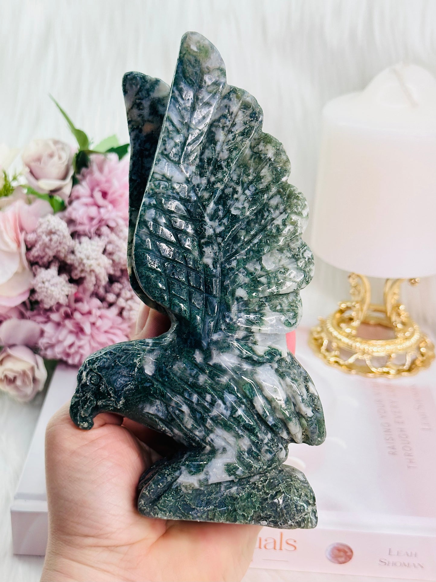 Peace & Tranquility ~ Absolutely Perfection! Large 18cm Moss Agate Carved Eagle