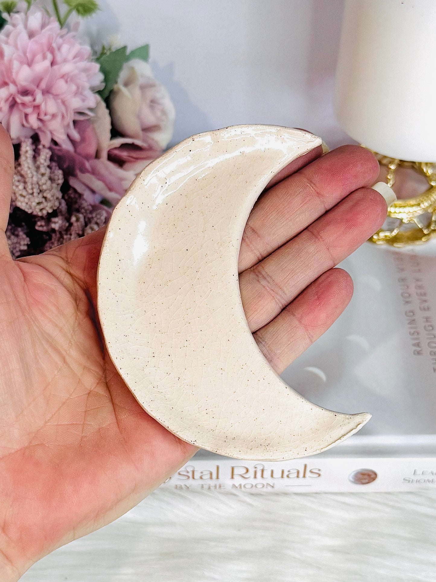 Hand Crafted 11cm Ceramic Moon with High Grade Amethyst Tumbles