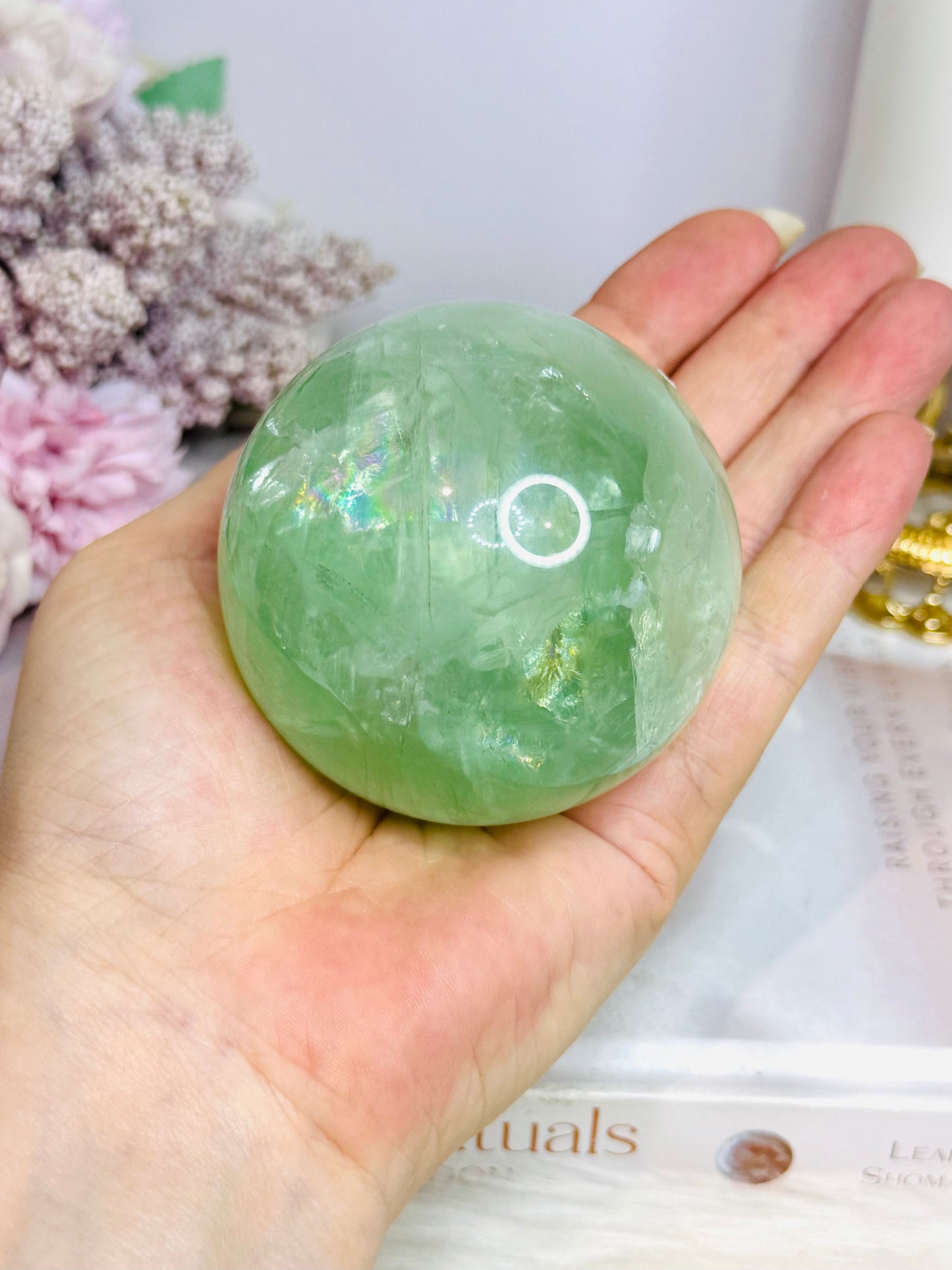 Large Green Fluorite Sphere Full of Rainbows On Stand 478g
