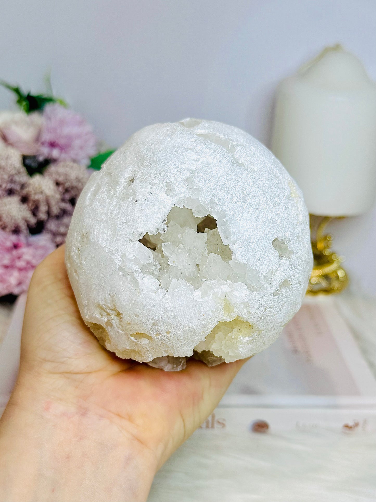 Large Moroccan Quartz Geode Druzy Sphere On Stand 734g