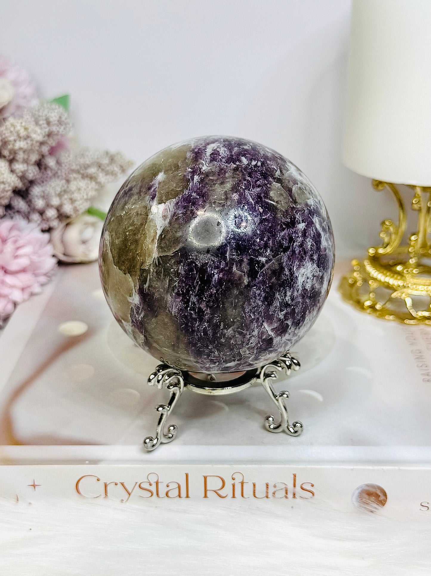 Large Pegmatite | Unicorn Stone (Lepidolite, Pink Tourmaline, Smoky Quartz & Cleavelandite) Sphere on Stand 600g