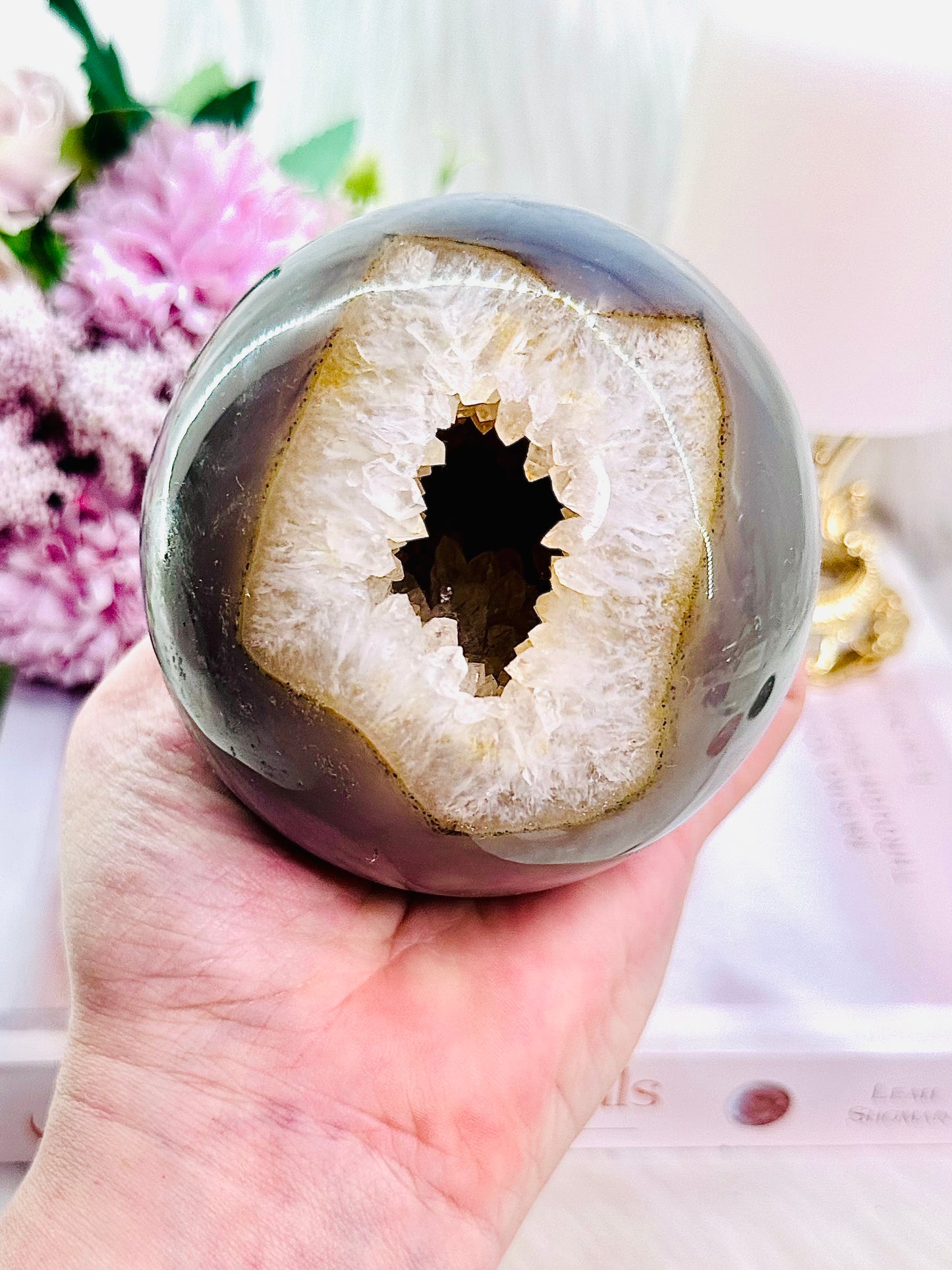 Magical & Incredible Large 821gram Perfect Druzy Agate Sphere On Stand From Brazil (Glass stand in pic is display only)