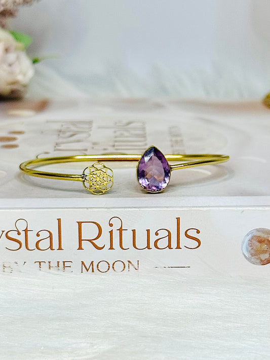 Brass & Amethyst Flower of Life Bangle