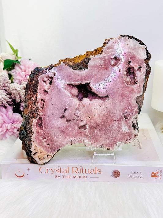 Wow!!!! Magnificent Large 20cm 847gram Natural Pink Amethyst Druzy Slab On Stand From Brazil