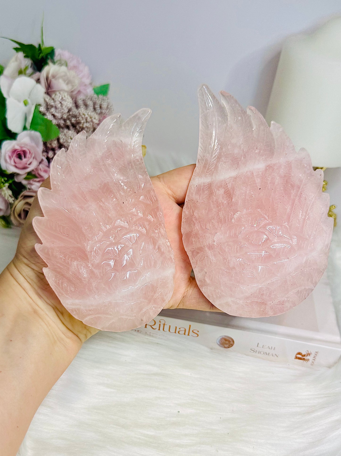 Large Chunky Rose Quartz Butterfly Wings on Gold Stand 26cm 944g