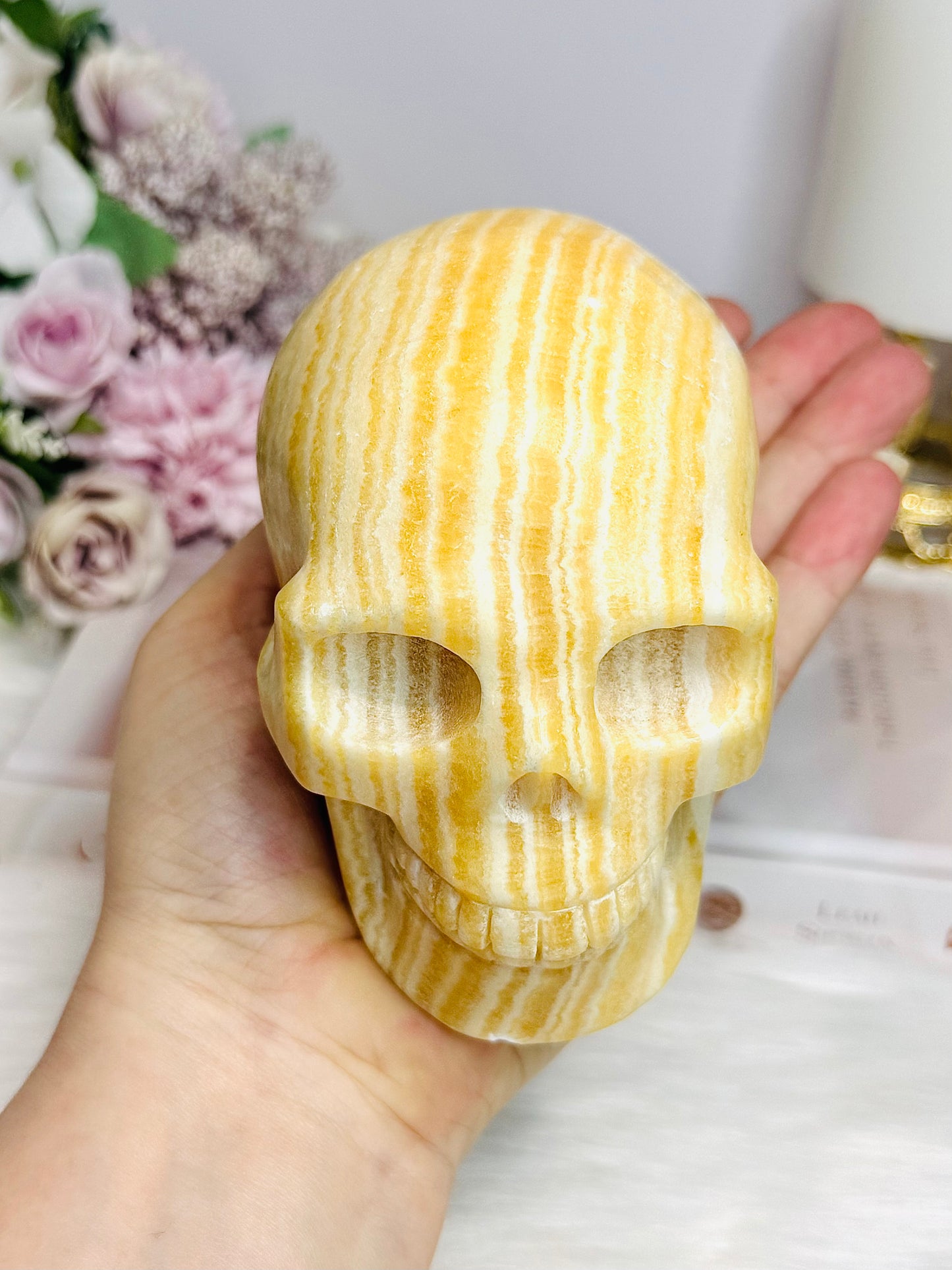 Large Orange Calcite Carved Skull 11.5cm 1.01KG