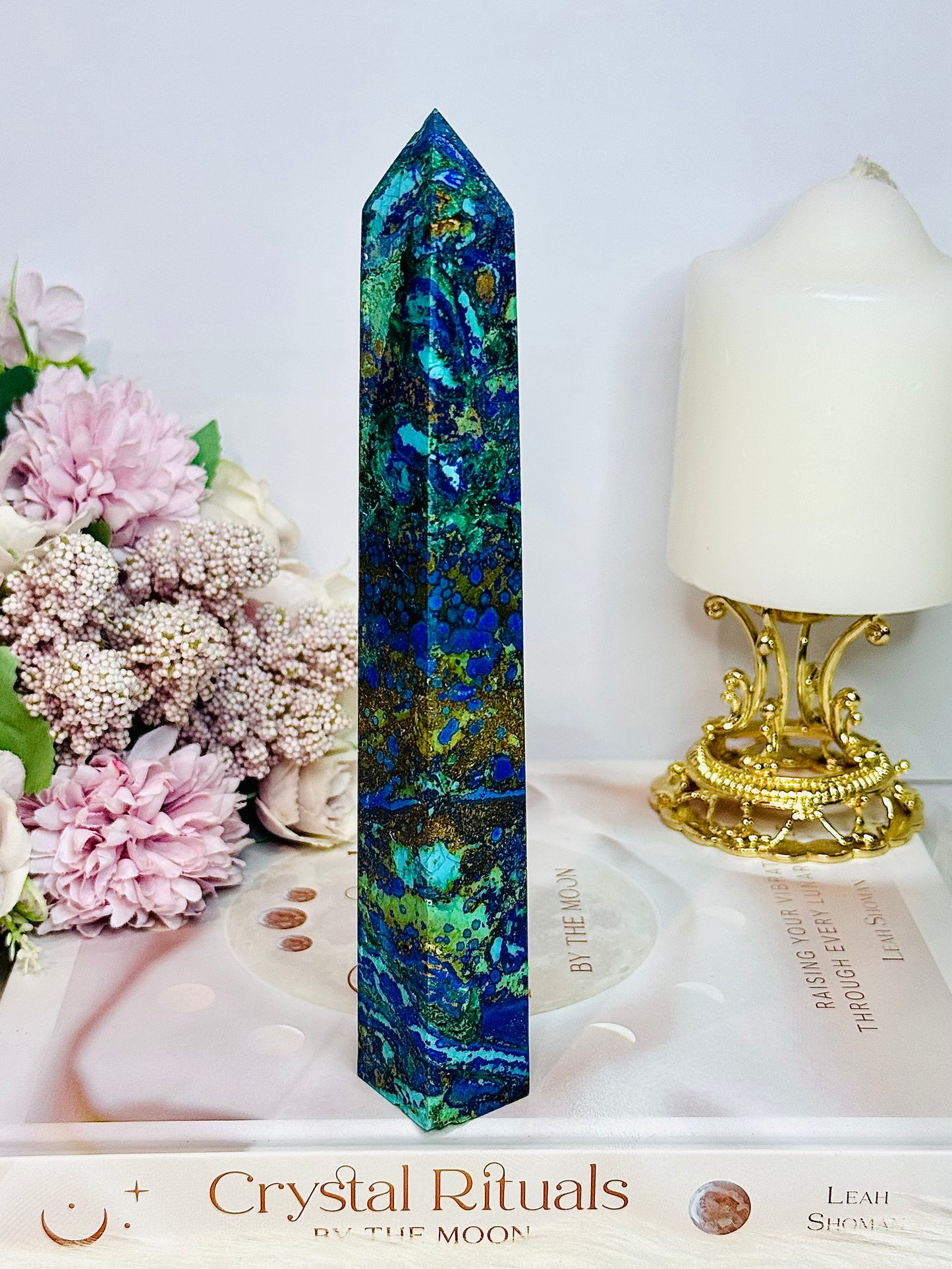 Incredible Tall Natural Azurite with Malachite Carved Tower | Generator 18.5cm