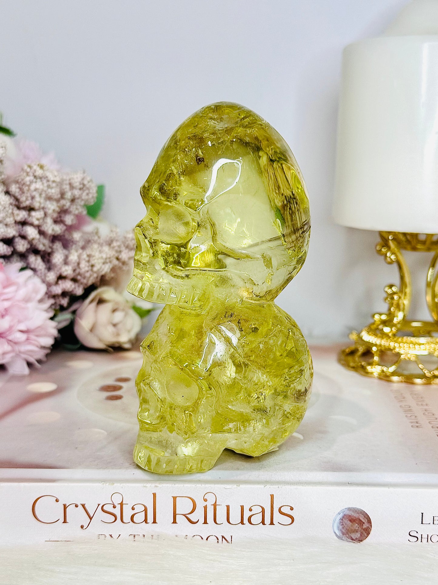 High Grade Citrine Carved Skulls with Rainbows 12cm 425g