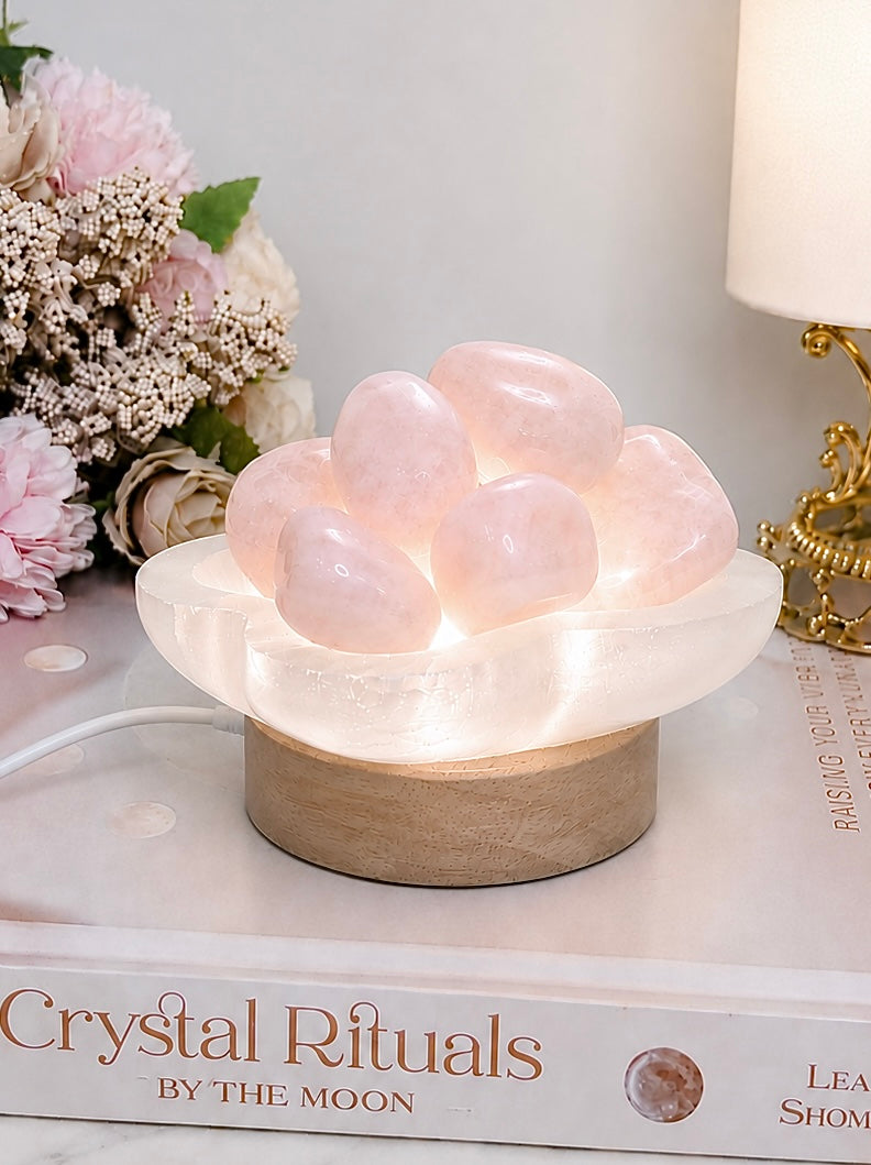 Selenite Bowl With Rose Quartz Tumble Stones on Small LED Light Base