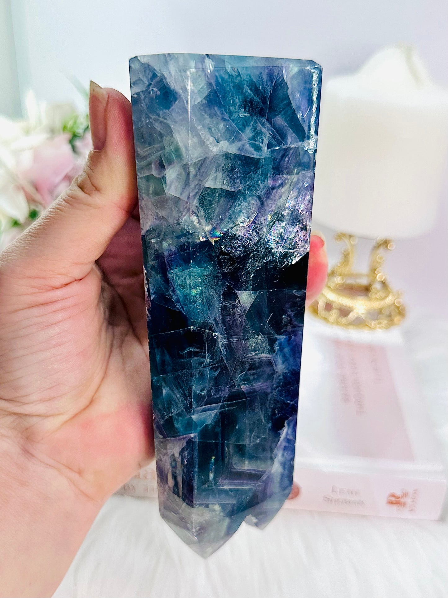 Wow!! Brilliant Large Chunky Double Fluorite Tower with Stunning Rainbows 16.5cm 653grams