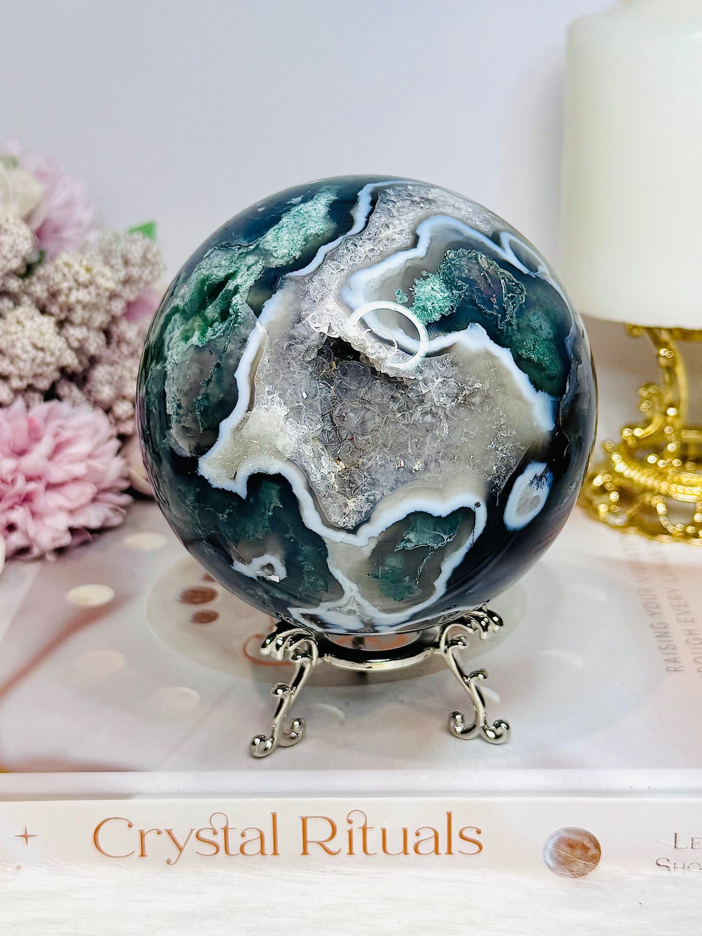 High Grade Druzy Moss Agate Sphere on Stand 1.09KG