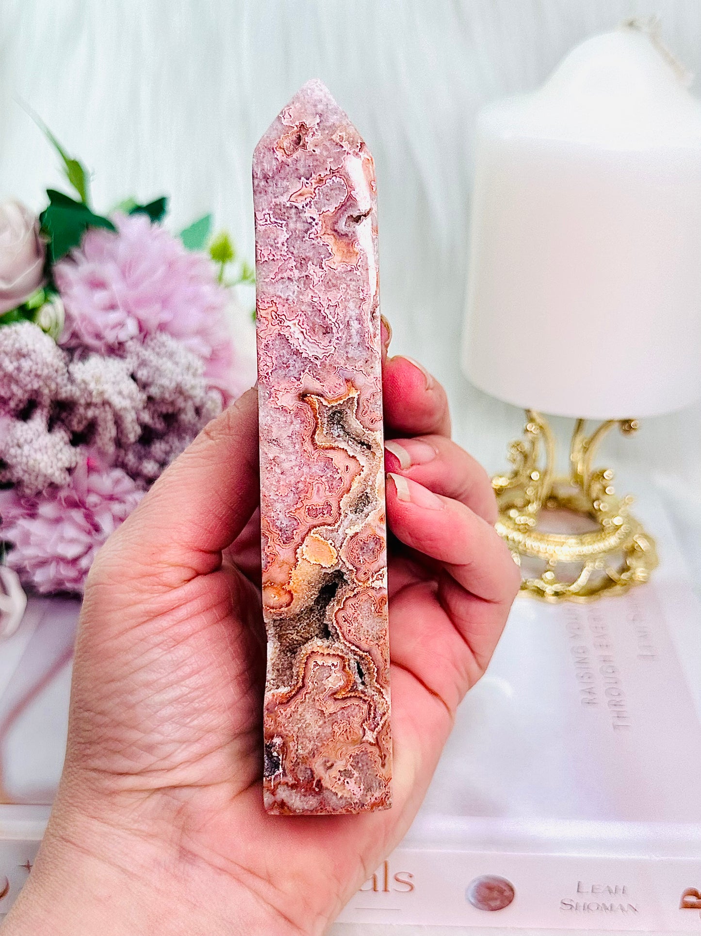 Classy & Fabulous High Grade Gorgeous Pink Druzy Crazy Lace Agate Tower 14cm