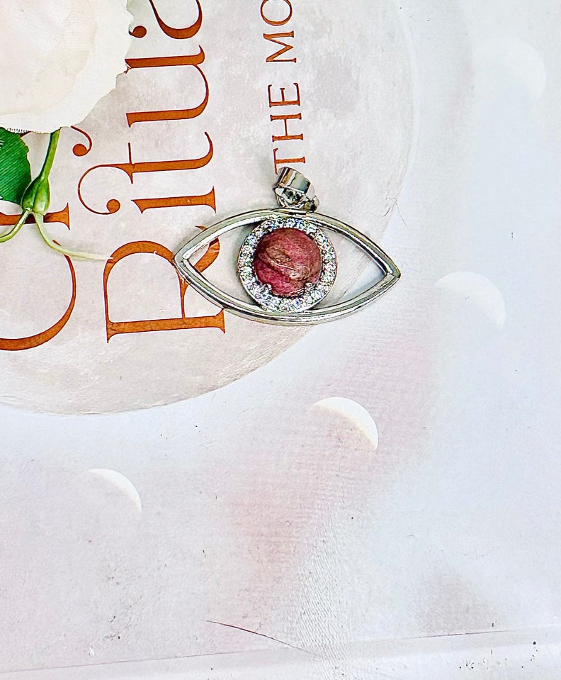 Gorgeous Pink Rhodonite Silver Evil Eye Pendant In Gift Bag