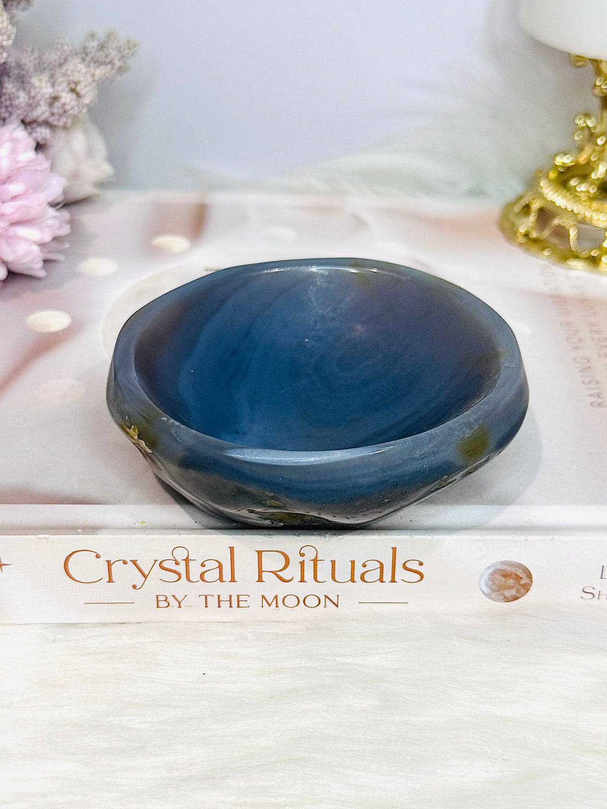 Agate Carved Bowl with Blue Calcite Chips 338g