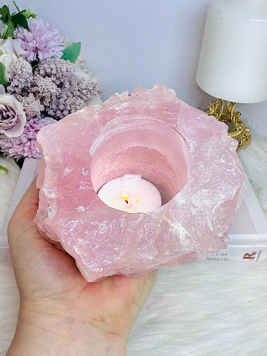 Large Chunky Rose Quartz Candle Holder 892g