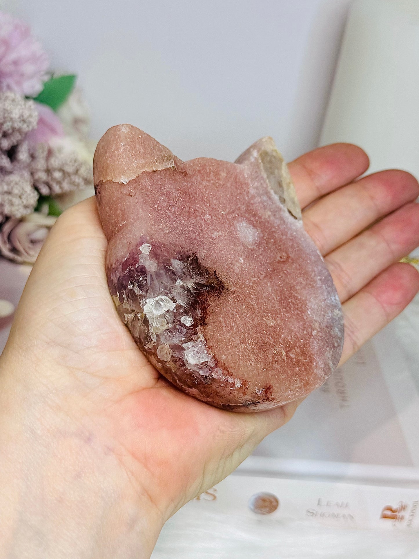 Pink Amethyst Druzy Cat Carving On Stand 9cm 254g