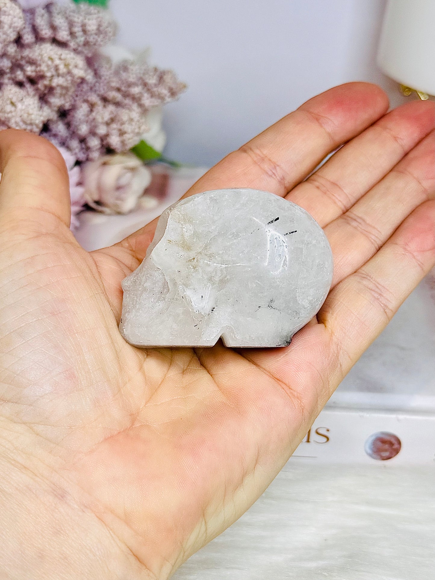 Black Tourmaline in Quartz Carved Skull 6cm