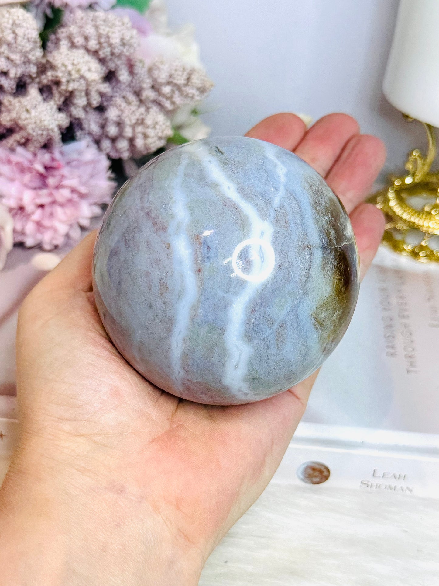 Large Ocean Jasper Sphere on Timber Stand 605g