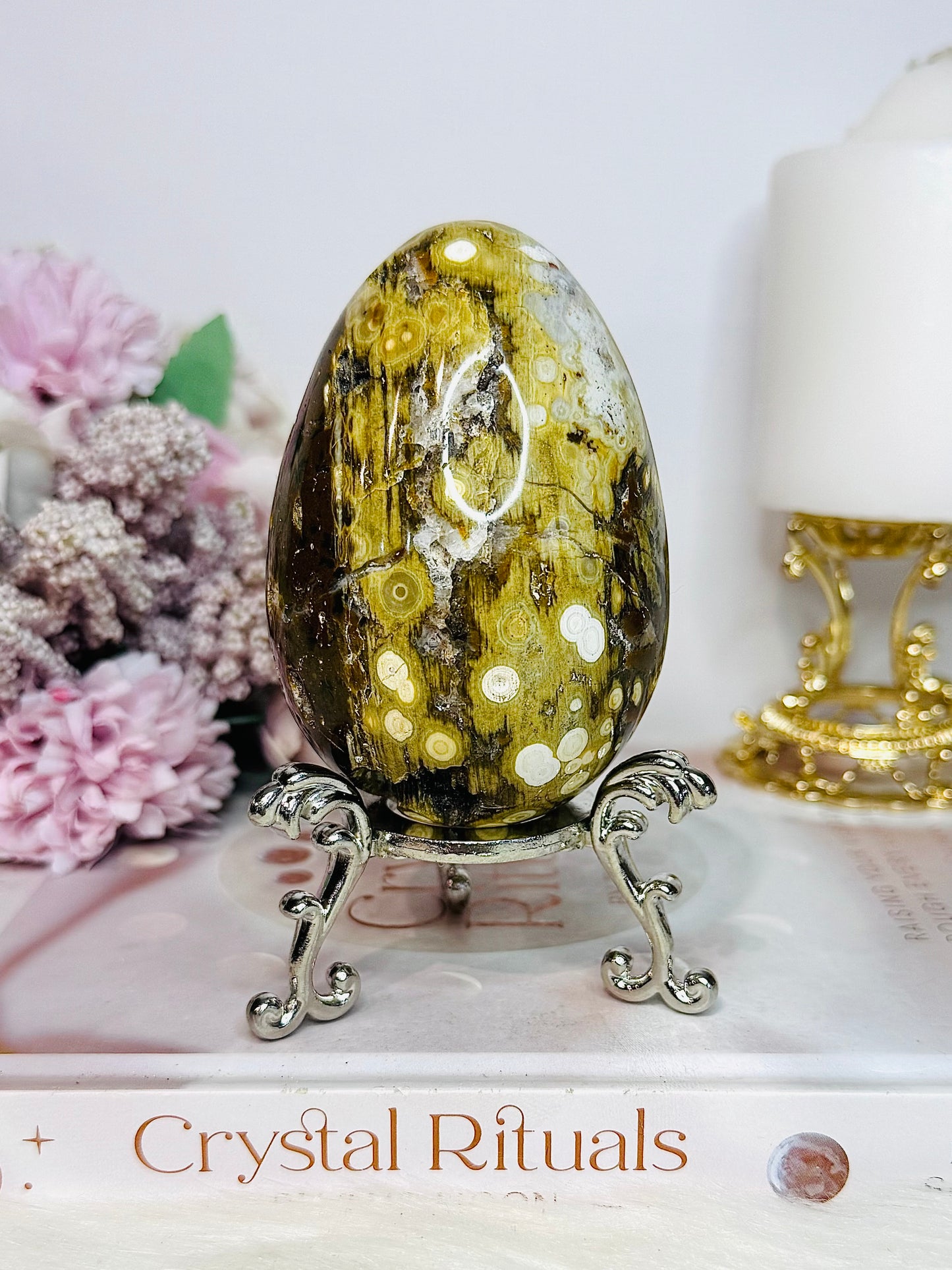 Large Orbicular Ocean Jasper Druzy Egg On Stand 423g