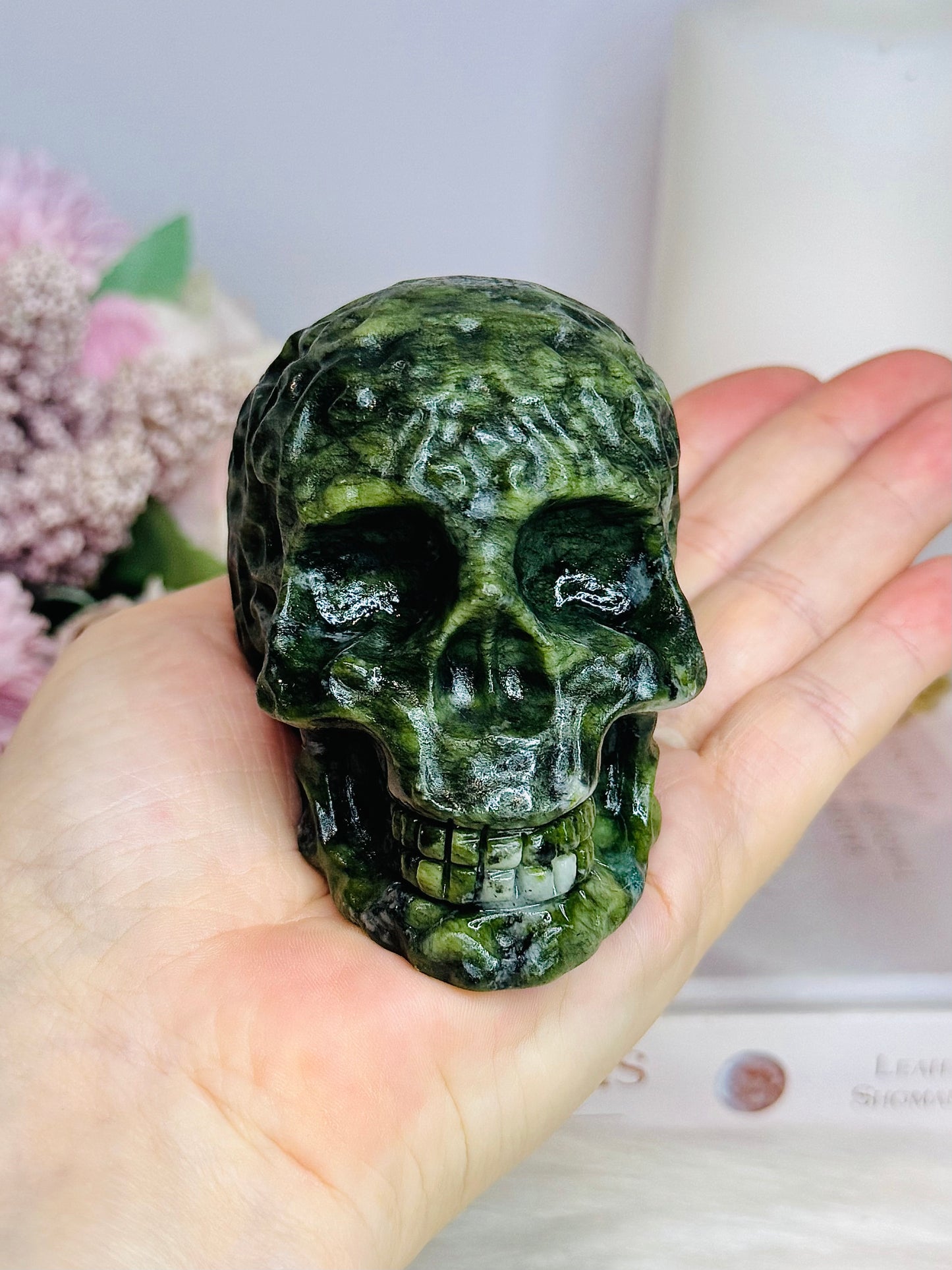 Green Jade Filigree Carved Skull 9cm