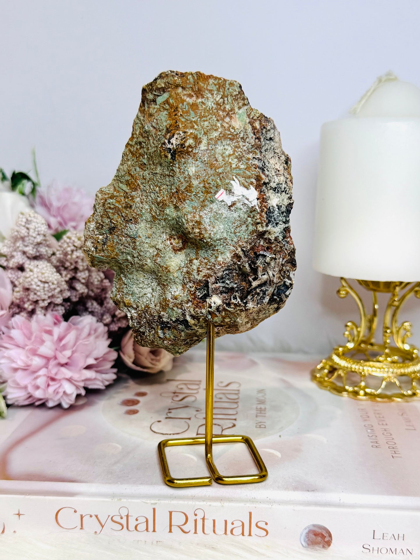 Natural Pink Amethyst Druzy Slab on Gold Stand 15cm