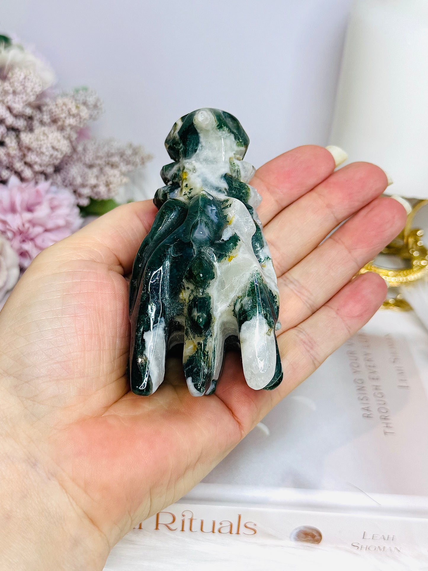Moss Agate Carved Dragon Head 220g 9.5cm