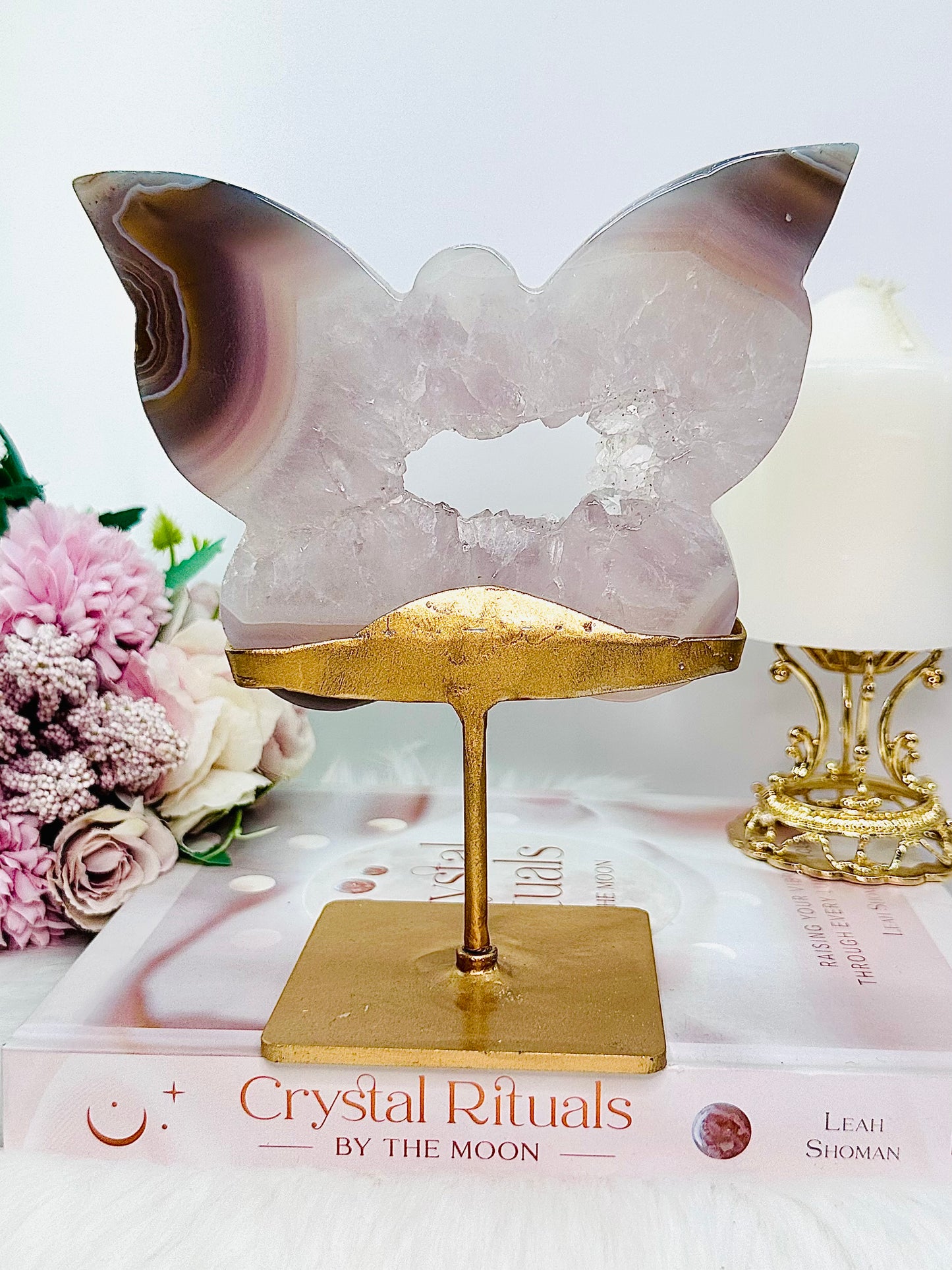 Absolutely Magical Large 18cm (Including Stand) Druzy Agate Butterfly On Gold Stand