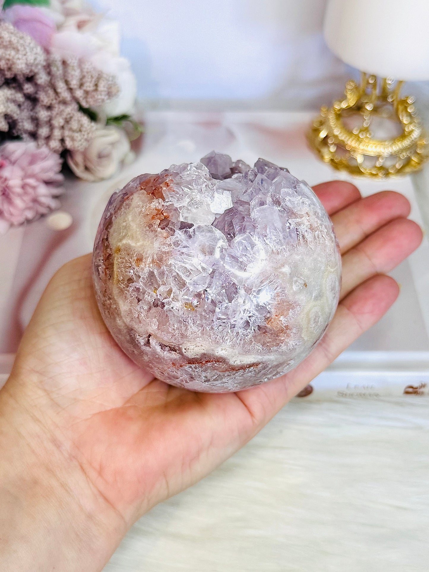 Classy & Fabulous High Grade Pink Amethyst Druzy Sphere On Stand From Brazil 702grams