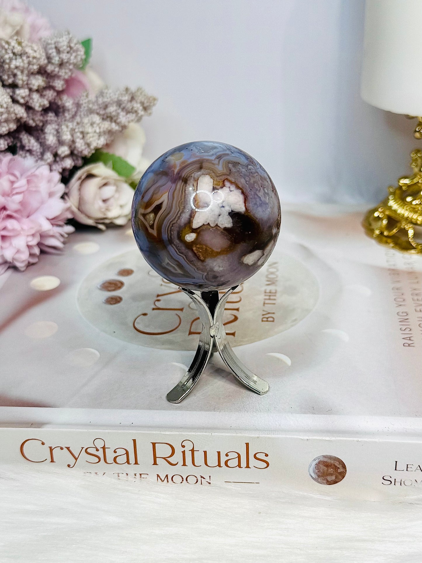 High Grade Blue Flower Agate Sphere on Stand 120g