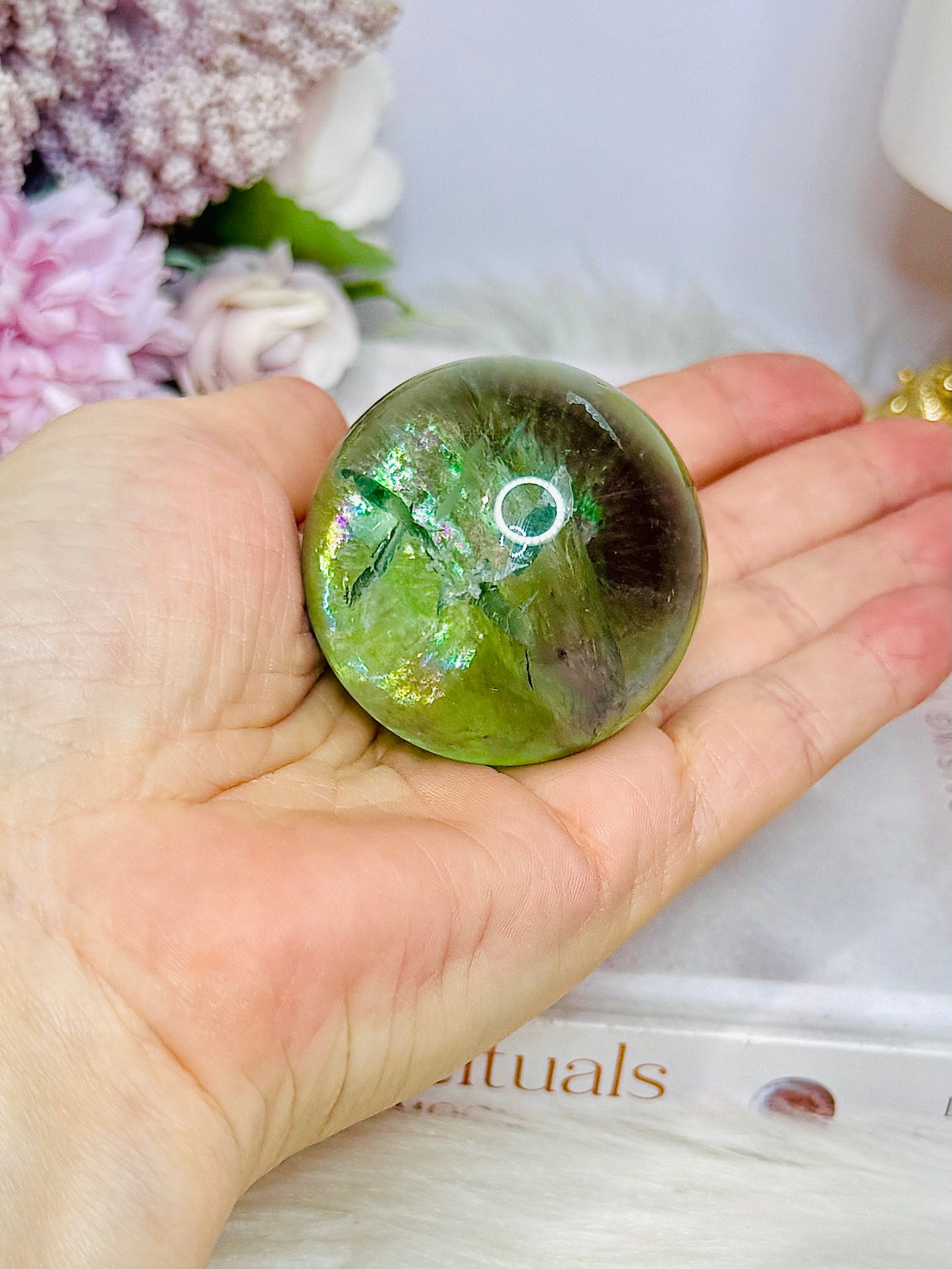 FOR SUE ~ High Grade Fluorite Sphere Full of Incredible Rainbows 161g On Stand