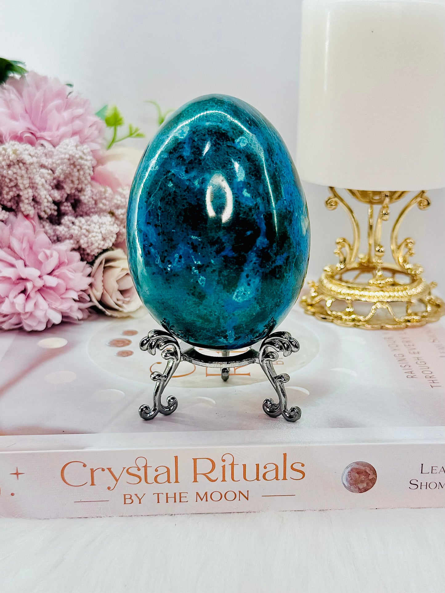 Wow!! Magnificent Large 482gram Chrysocolla Carved & Polished Egg On Stand