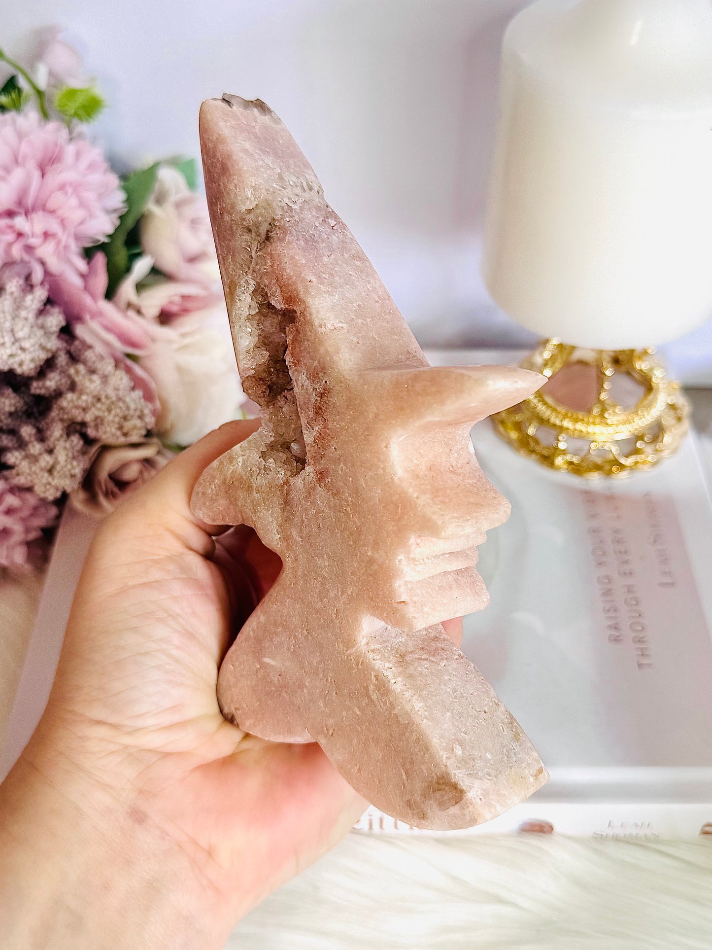 Large Chunky Pink Amethyst Druzy Carved Witch 16cm