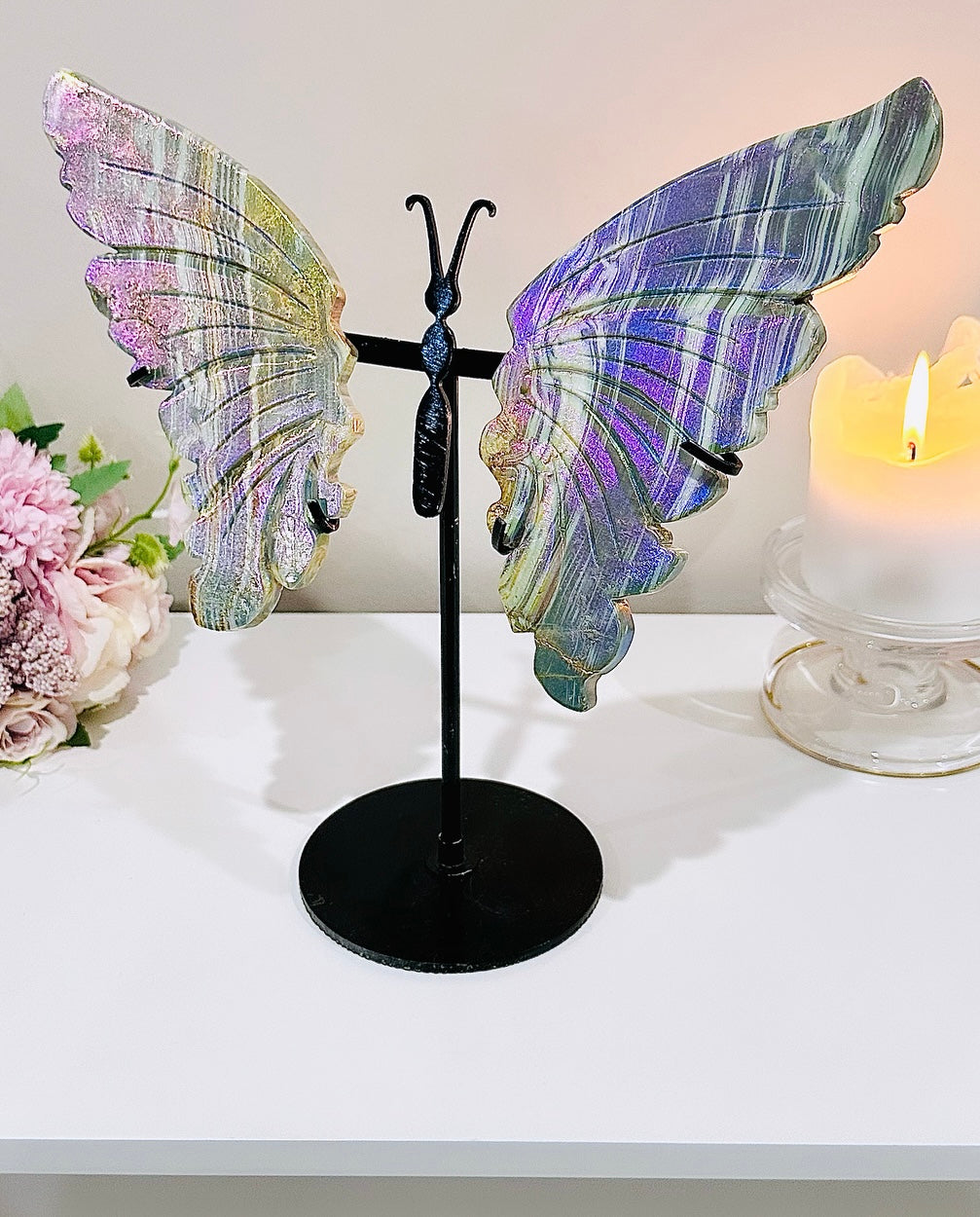 ⚜️ SALE ⚜️ WOWOWOWOW!!!! A Spectacular Piece!!!! Large 27cm (Inc Stand) Aura Calcite Butterfly Wings On Stand