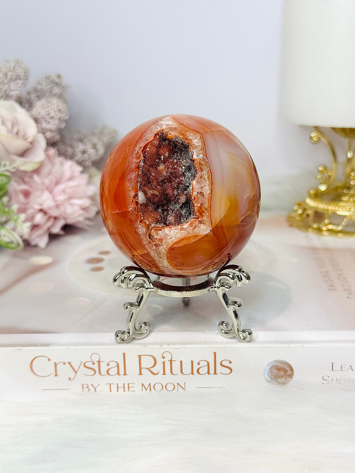 High Grade Druzy Carnelian Sphere on Stand 295g