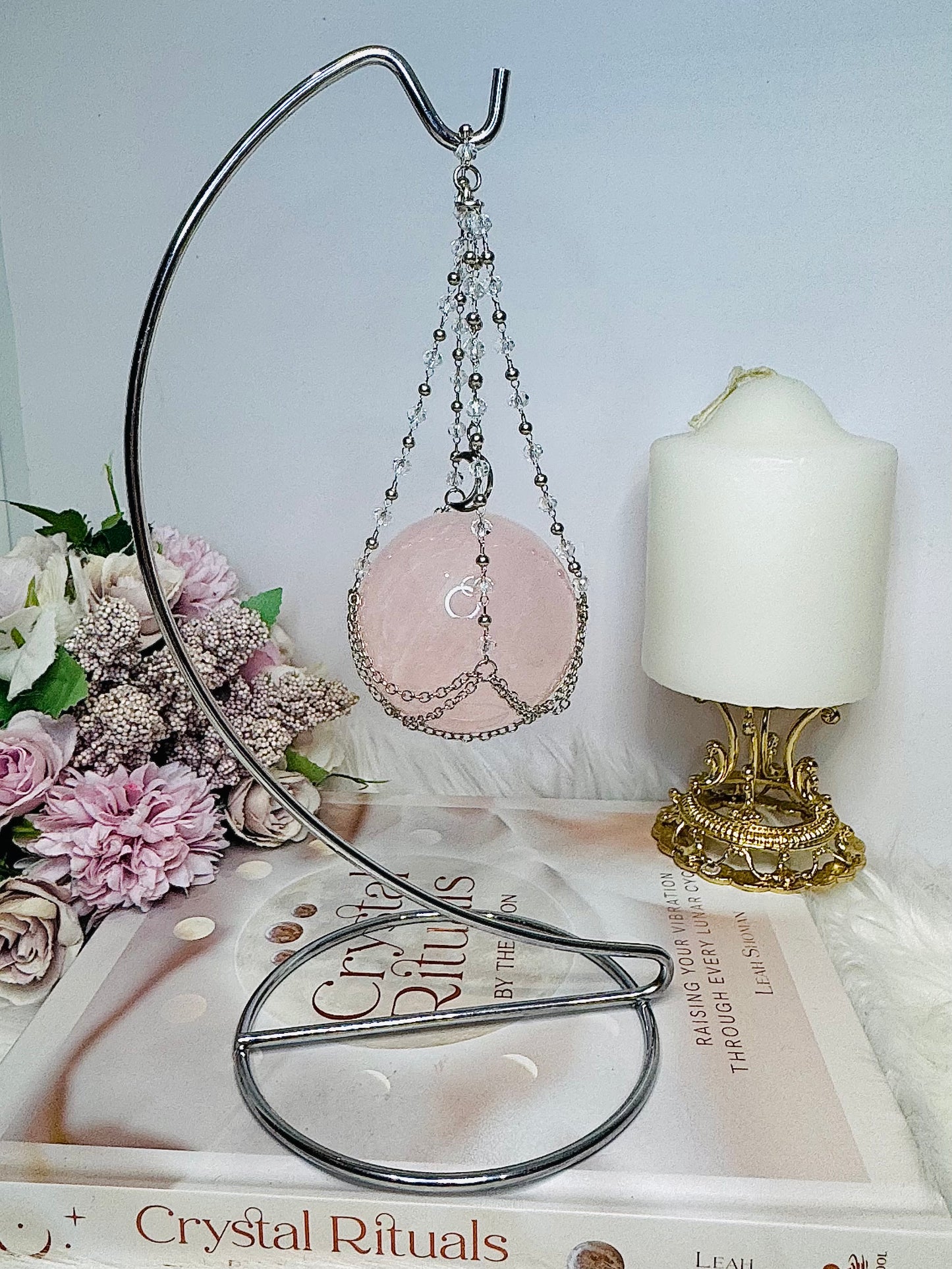 Silver Stand with Rose Quartz Sphere 23cm