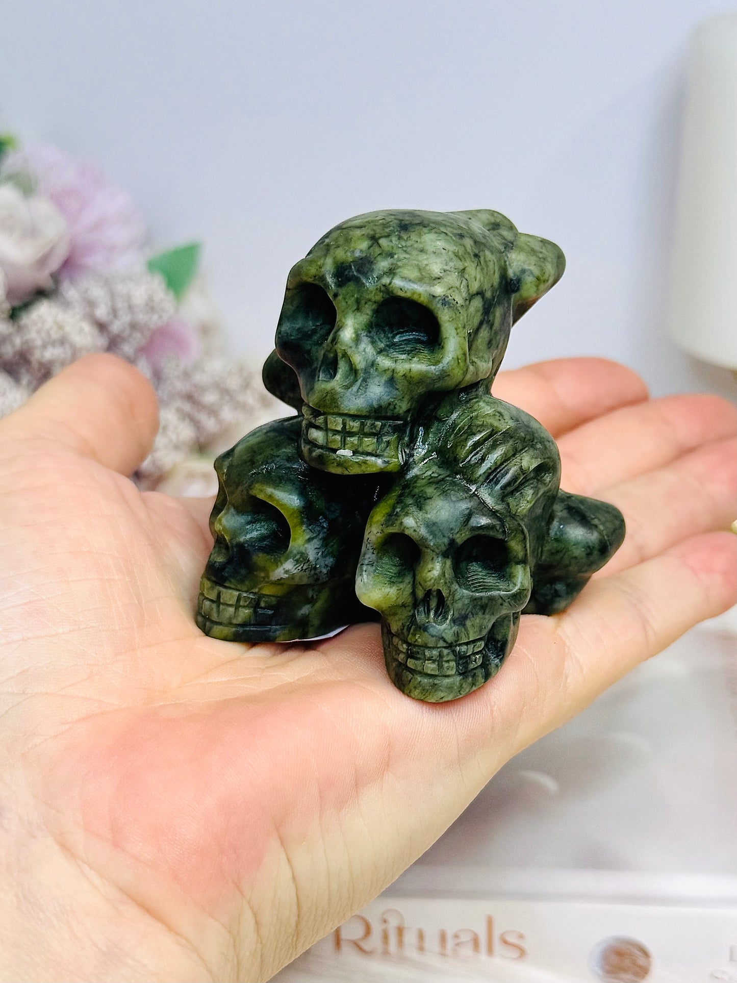 Green Jade 3 Skull & Cross Bones Carving 7cm