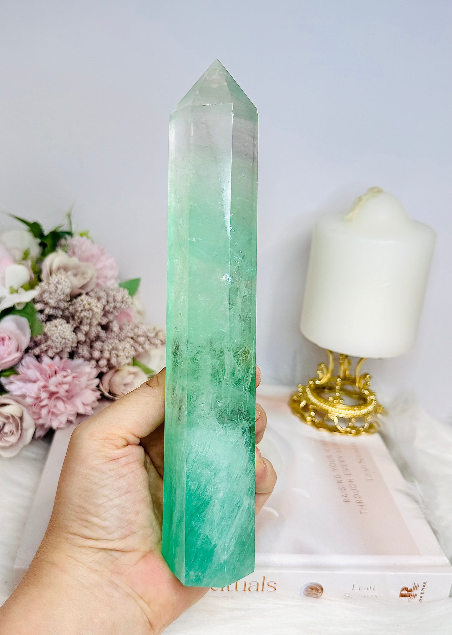 Green Watermelon Fluorite Tower with Rainbows 21.5cm