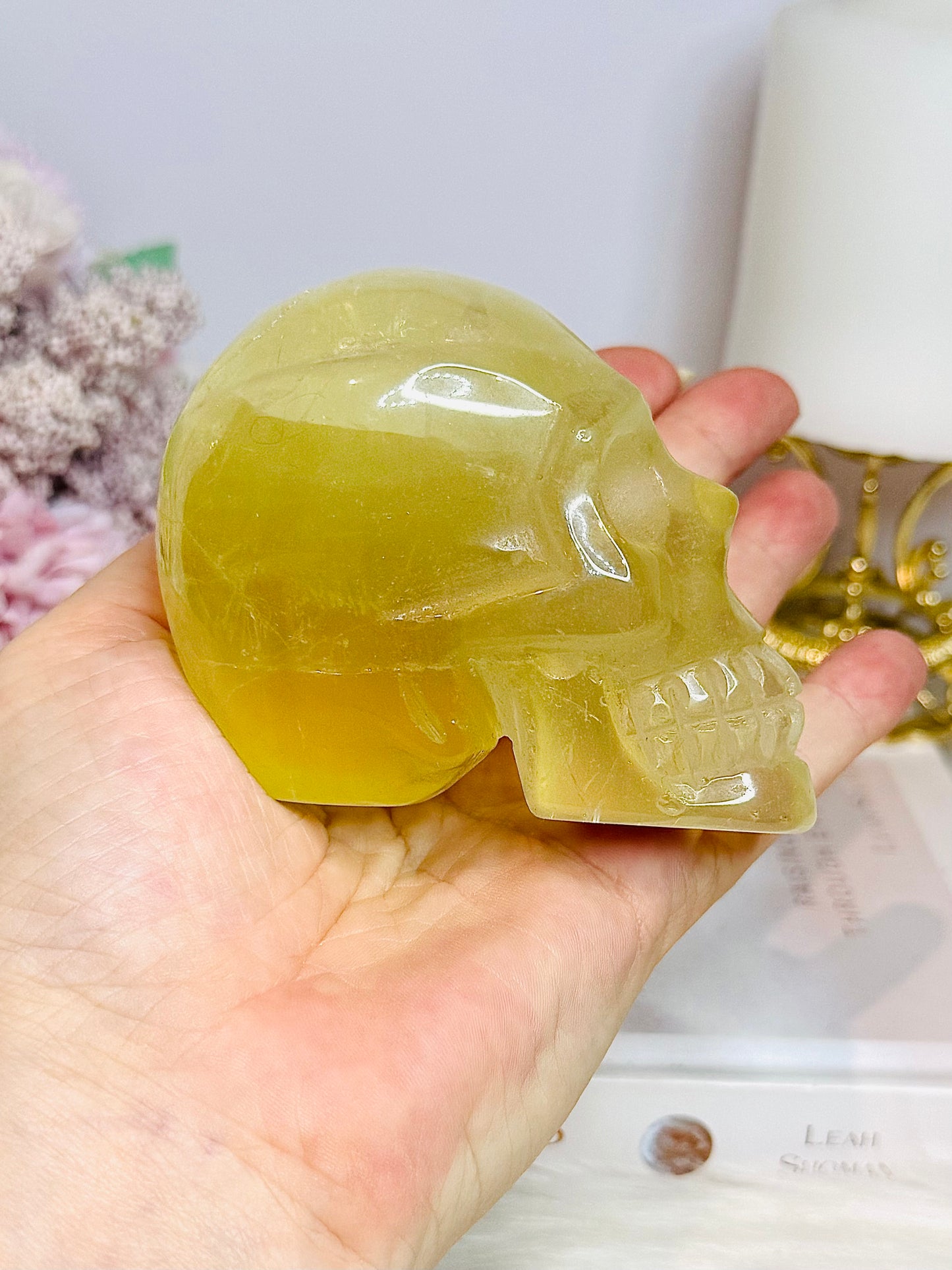 Citrine Carved Skull with Rainbows 8cm 399g