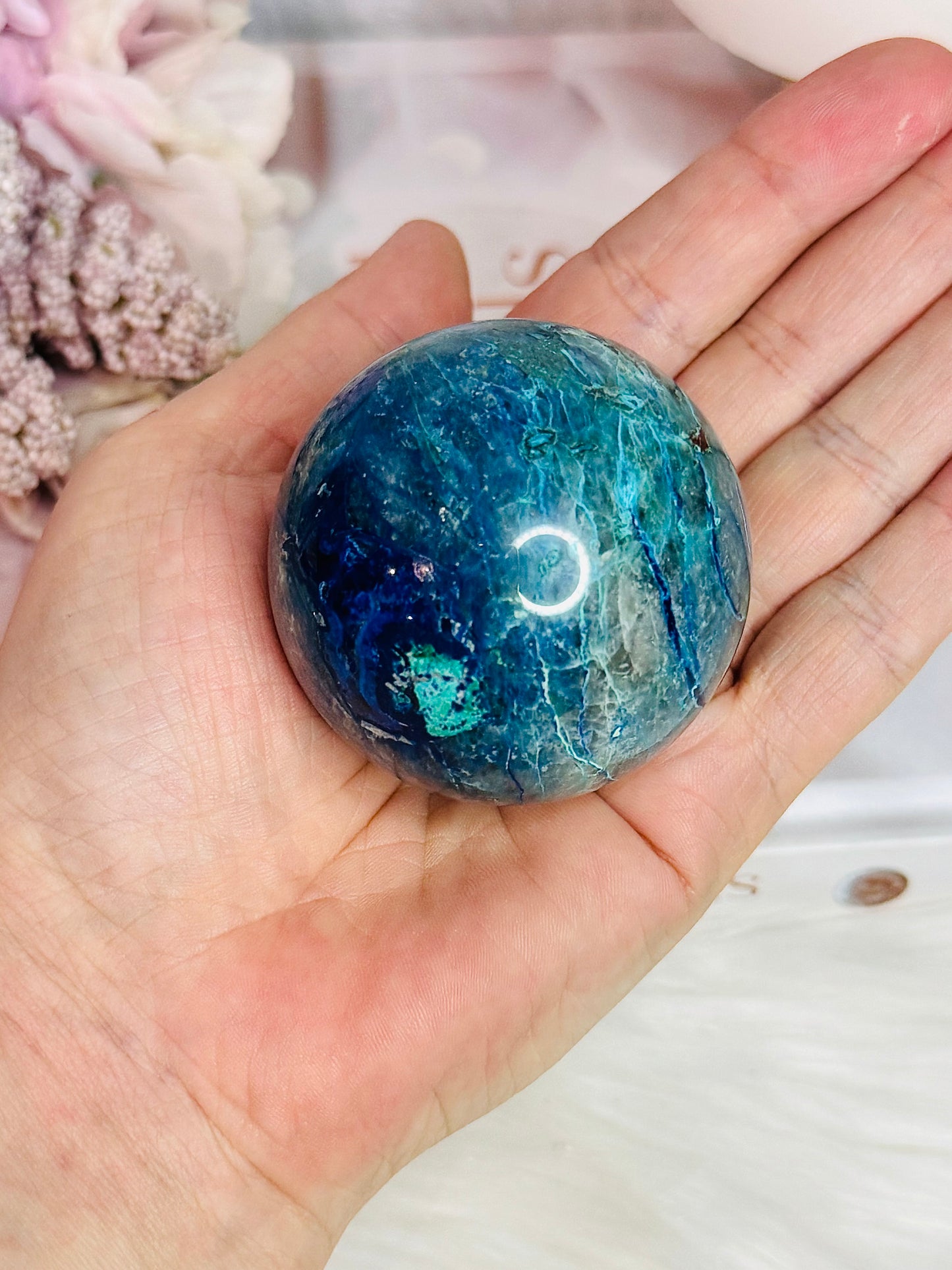 Stunning Natural High Grade Chrysocolla Carved Sphere on Stand 238grams