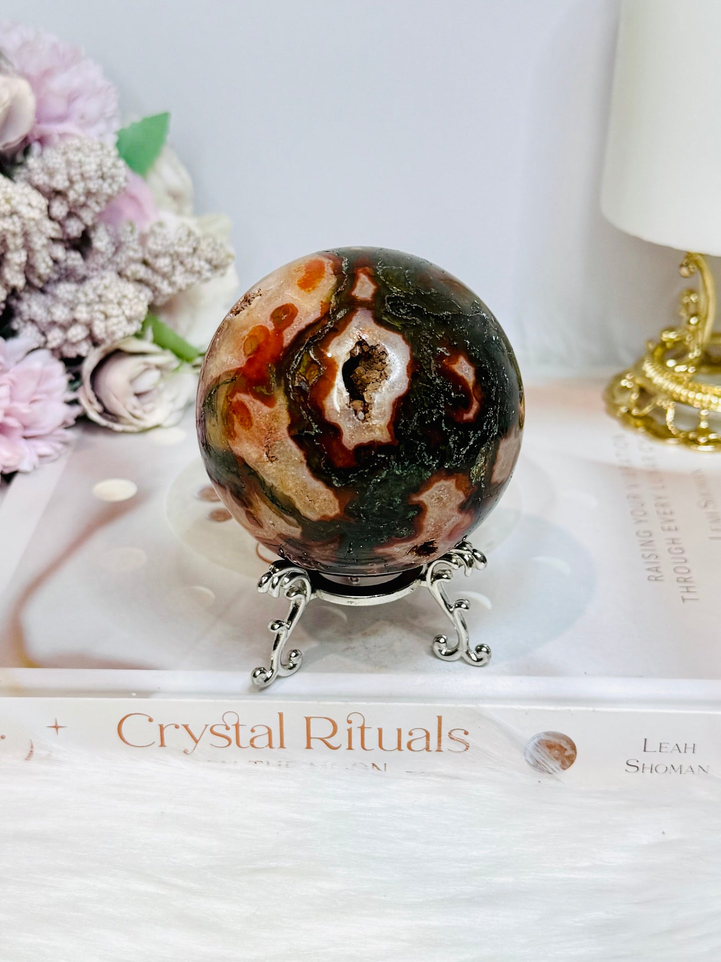 Large Red Moss Agate Druzy Sphere on Stand 452g