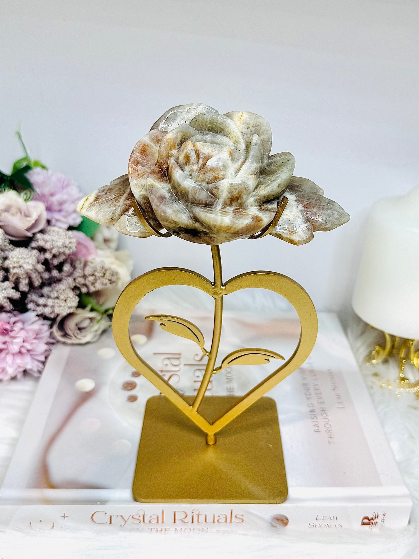 Large High Grade Moonstone Rose With Flash on Gold Stand 18cm