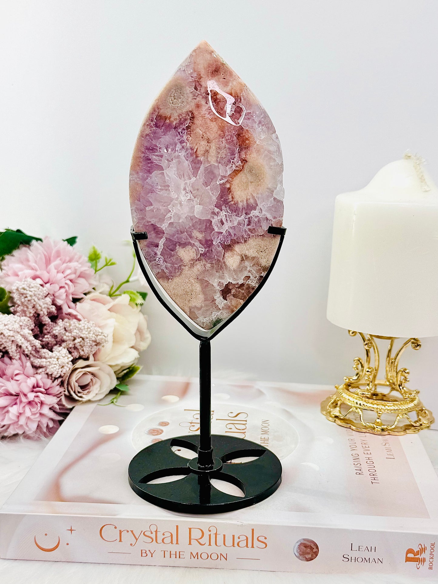 Rare Stunning Large 21cm Pink Amethyst X Flower Agate Freeform on Stand