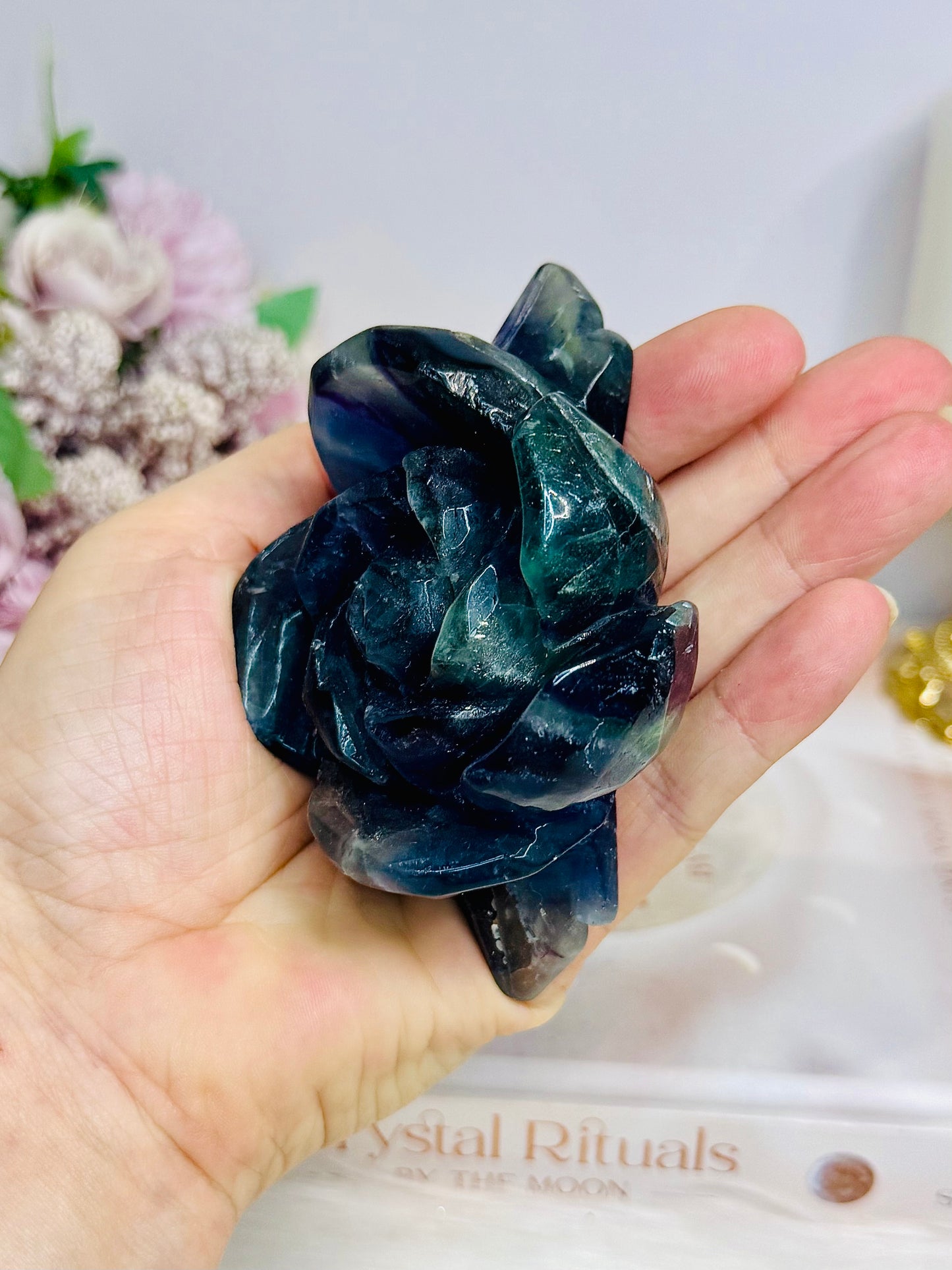 Fluorite Carved Flower On Stand 10cm 315g