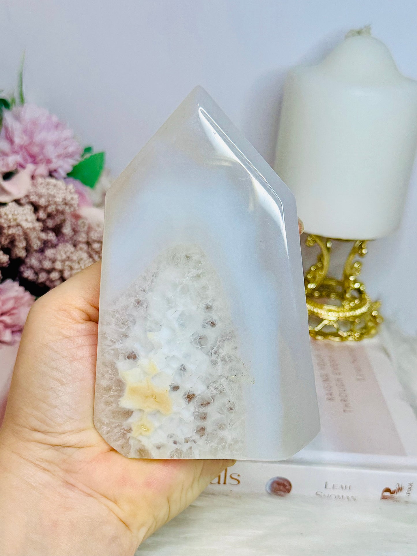 White Druzy Agate Tower From Brazil 13cm