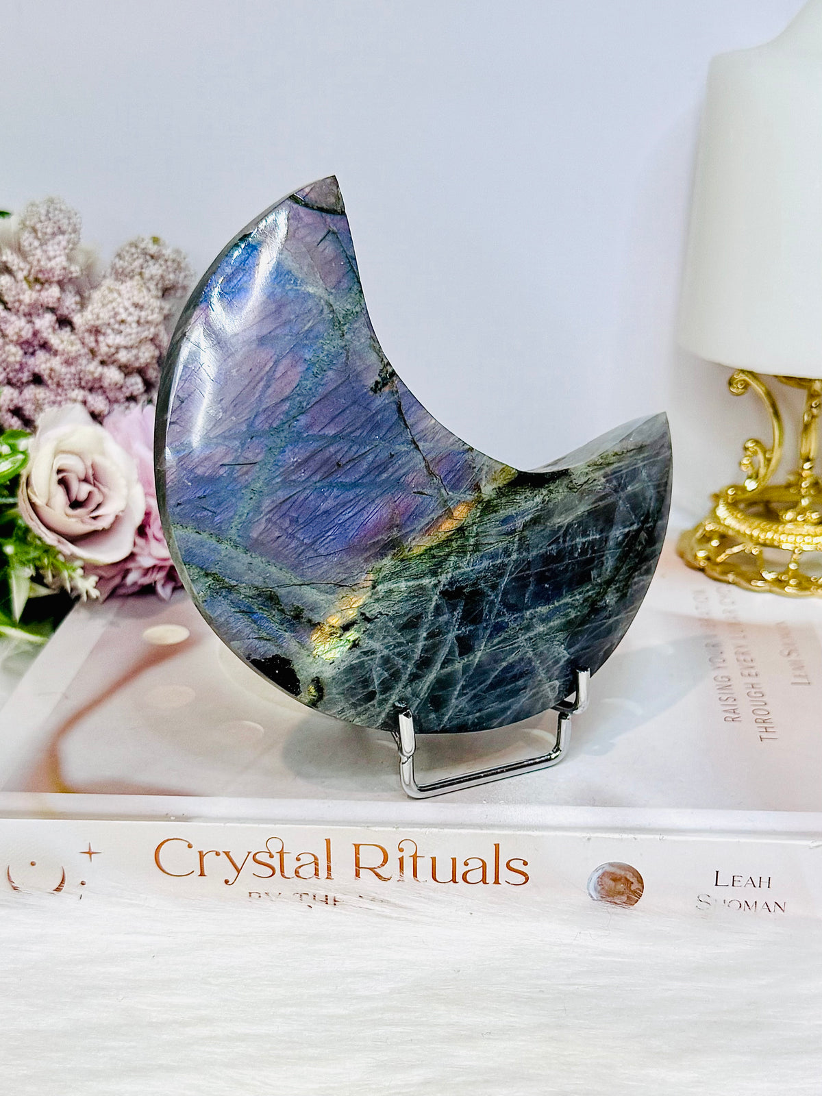 Purple Flash Labradorite Moon on Stand 12cm
