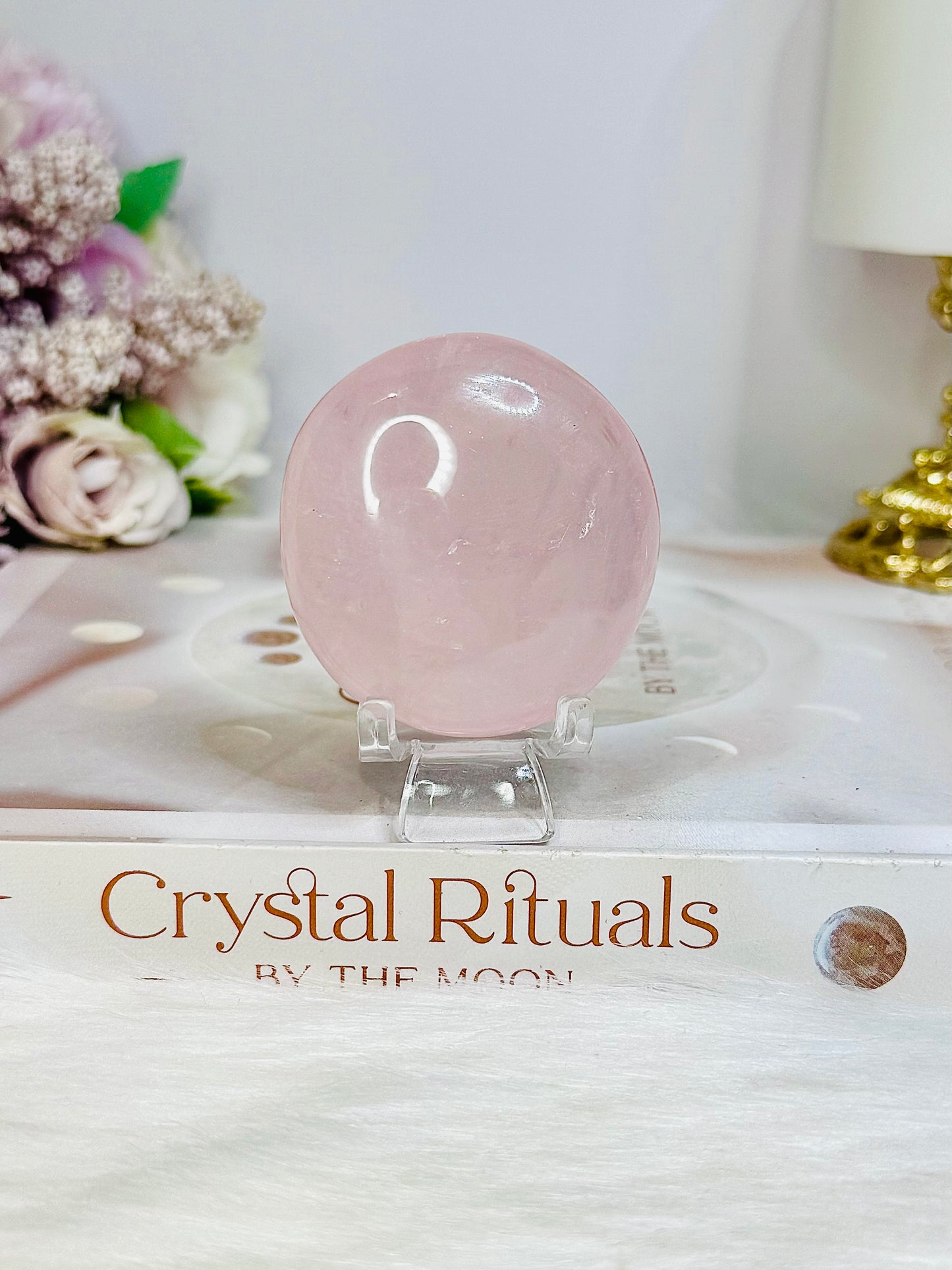 High Grade Rose Quartz Palm Stone (stand is display only)