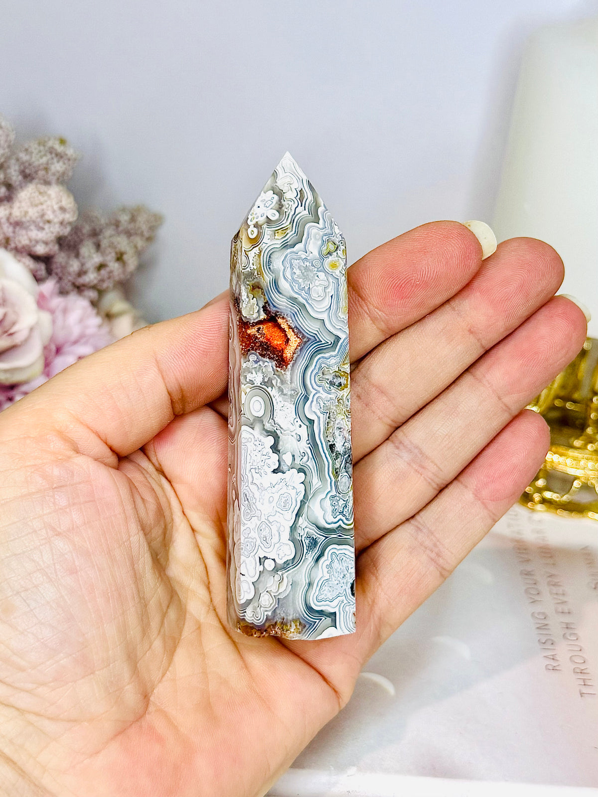 Mexican Lace Agate Druzy Tower 9.5cm